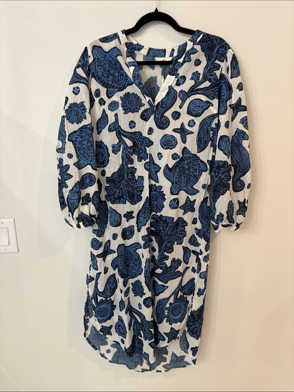 H&M Ocean Print Kaftan Dress White with Navy Print